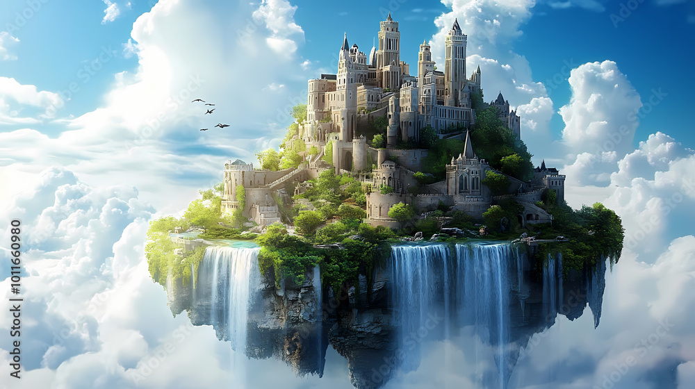 Fototapeta premium Floating city, castle in the sky, heaven, cascading waterfall, fantasy land, paradise. Floating Castle. Illustration