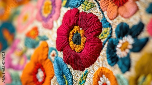 A close-up of South Asian textile art with bold colors, no people, and space for text.