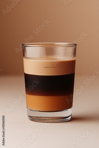 Bebida de café y licor servida en un vaso transparente, con capas perfectamente definidas que resaltan los tonos marrones y crema. Un cóctel cálido y sofisticado.