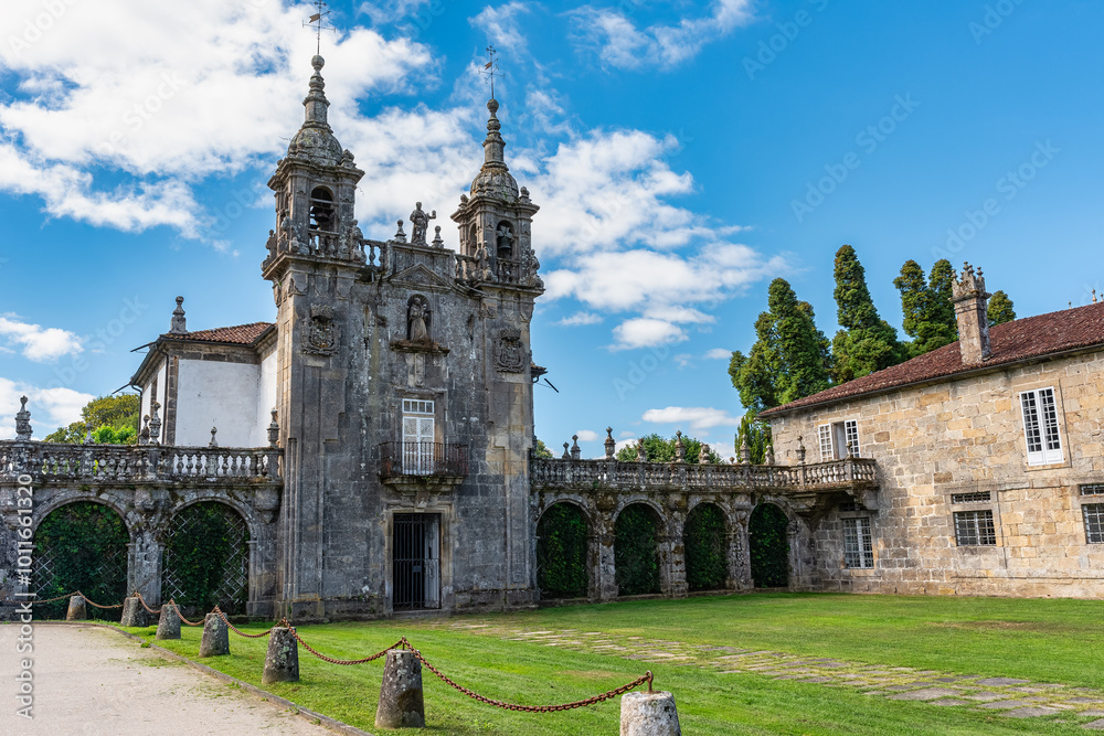 Tower of the church of the medieval complex of the Pazo de Oca in the province of Pontevedra, Galicia.