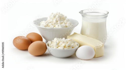 A harmonious mix of dairy products, including a jug of milk, bowls of cottage cheese, butter, and fresh eggs, set against a pristine white background.