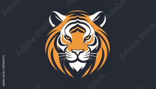 Bold and Stylized Tiger Face Icon on Dark Background. Modern Minimalist Vector Art Design with Orange and White Accents, Perfect for Branding, Sports Logos, or Wildlife Themed Projects photo