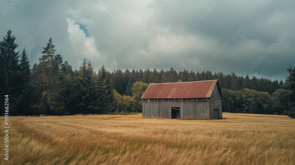 A weathered barn stands in the middle of a sunlit wheat field, with tall trees lining the horizon under a partly cloudy sky, capturing rural calmness. A weathered barn stands in the middle of a sunlit wheat field, with tall trees lining the horizon under a partly cloudy sky, capturing rural calmness.