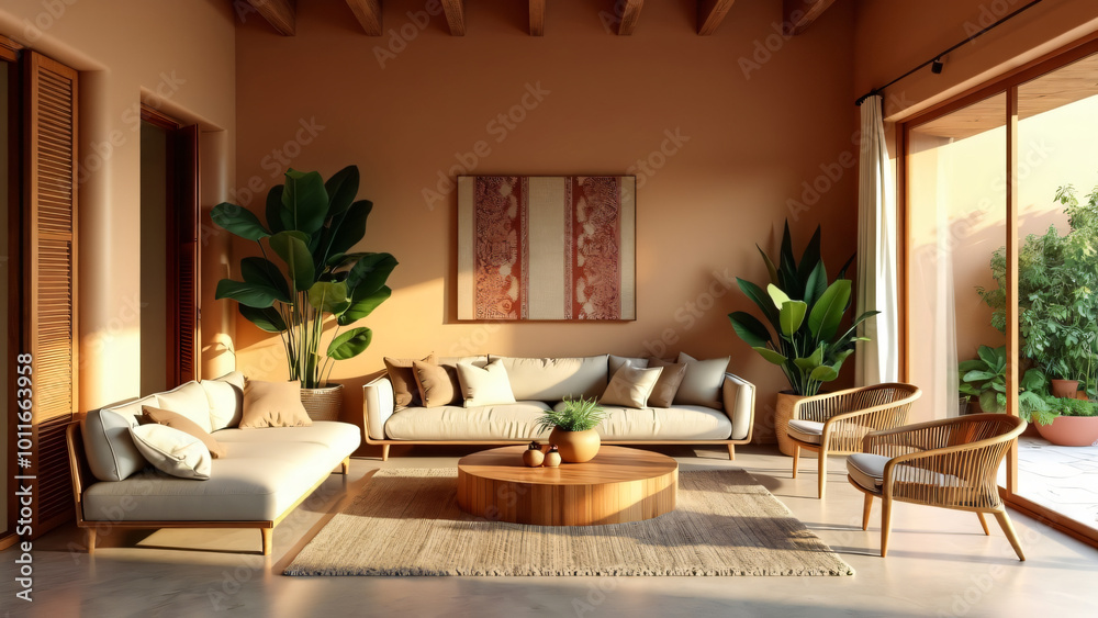 Cozy living room with wooden decorative wall and natural plants in a window-lit environment Cozy living room with wooden decorative wall and natural plants in a window-lit environment