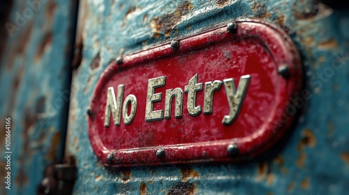 Rusty blue metal door with a prominently displayed red sign reading No Entry, depicting weathered and aged conditions that emphasize restricted access photo