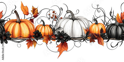 Wallpaper Mural Halloween seamless border with pumpkins black flowers. Vector  design.  , free space text, copy space, copy space for text, Torontodigital.ca