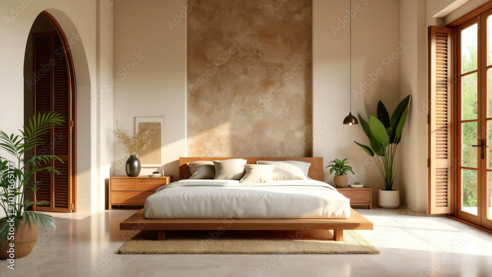 Modern minimalist room with stone and wood finishes, excellent natural lighting with window, large space Modern minimalist room with stone and wood finishes, excellent natural lighting with window, large space