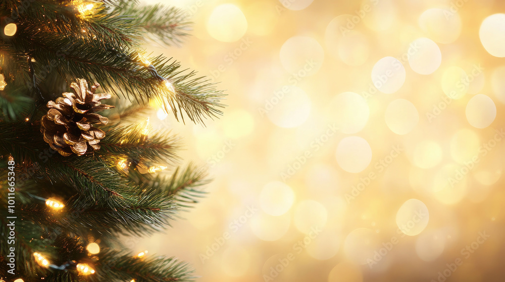 Festive Pine Tree with Golden Bokeh, a beautifully adorned Christmas tree set against a shimmering gold backdrop, evoking holiday cheer and warmth. Festive Pine Tree with Golden Bokeh, a beautifully adorned Christmas tree set against a shimmering gold backdrop, evoking holiday cheer and warmth.