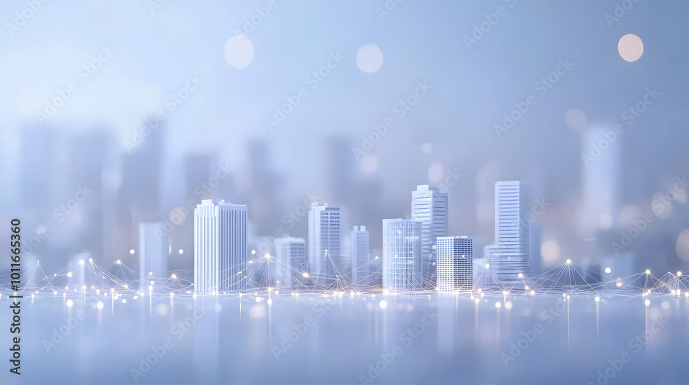 3D Rendered Cityscape with Connected Network of Lights in a Soft Blue Background 3D Rendered Cityscape with Connected Network of Lights in a Soft Blue Background