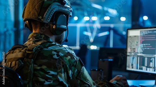 In a dimly lit room, a soldier dressed in camouflage is focused on a computer screen, embodying high-tech military preparedness in an era of digital warfare. photo