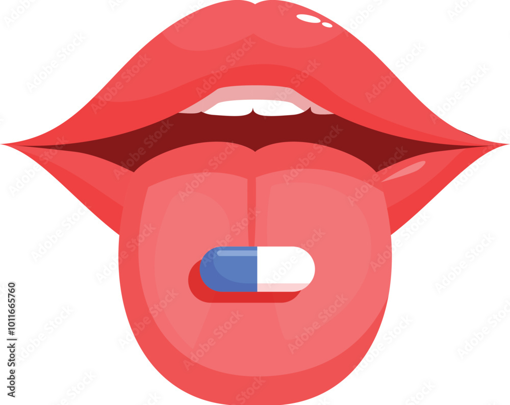 Cartoon illustration of a human mouth taking medicine, holding a pill on the tongue Cartoon illustration of a human mouth taking medicine, holding a pill on the tongue