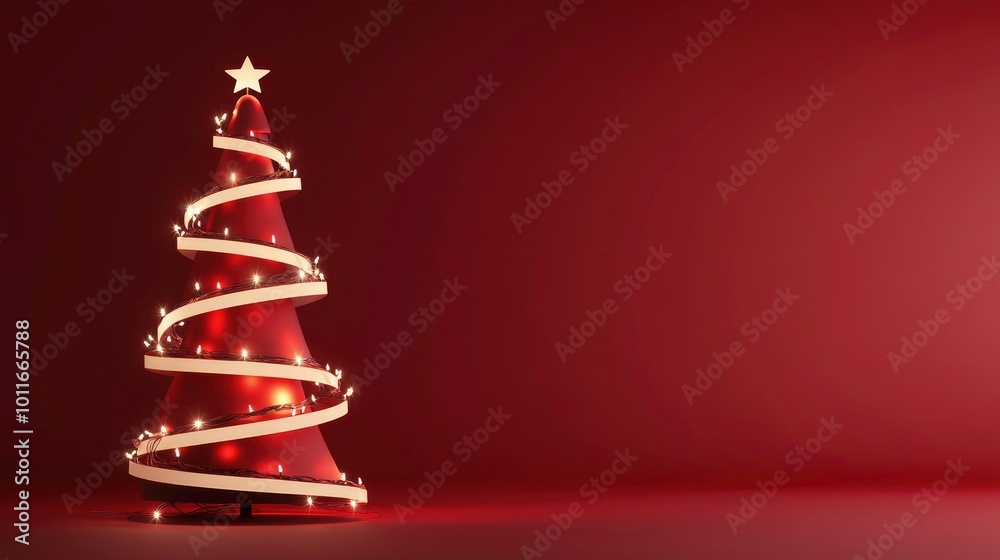 Merry Christmas Happy New Year background. 3d render Christmas tree with light decoration on red background. Christmas banner, Holiday and festival celebration concept. Merry Christmas Happy New Year background. 3d render Christmas tree with light decoration on red background. Christmas banner, Holiday and festival celebration concept.