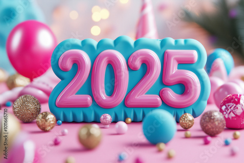 Happy New Year 2025! A cheerful and vibrant scene announces the arrival of 2025, adorned with pastel-colored balloons, festive sprinkles, and shimmering ornaments.