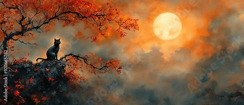 A mysterious black cat perched on a crooked tree branch with a full moon behind, surrounded by mist and dry leaves, perfect for Halloween promotions