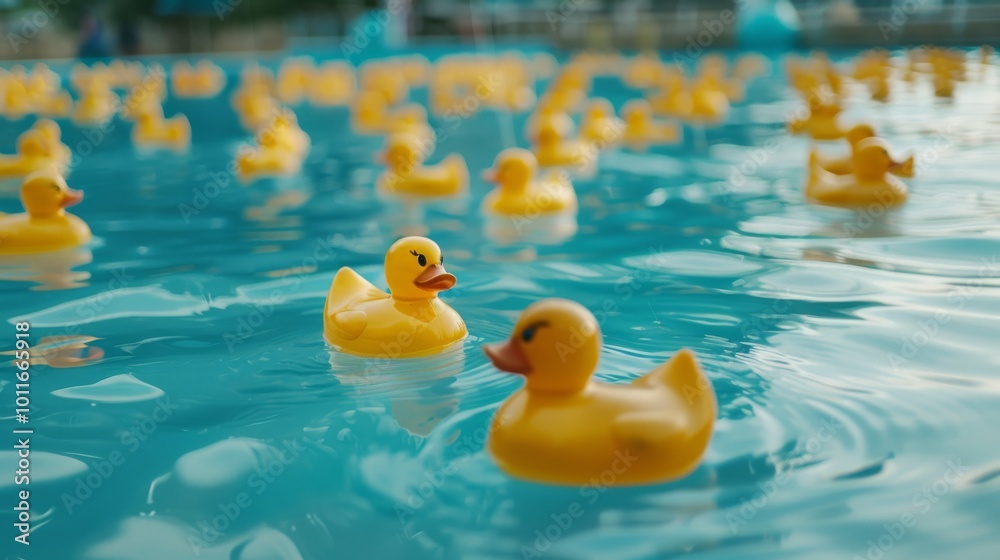 A flock of yellow rubber ducks floating on a shimmering blue pool, creating a playful and whimsical scene. A flock of yellow rubber ducks floating on a shimmering blue pool, creating a playful and whimsical scene.