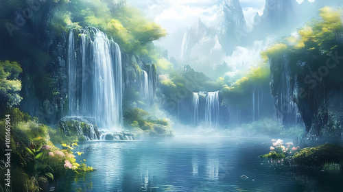 Lagoon of refreshment in vapor miracle realms. Elven Kingdom. Illustration