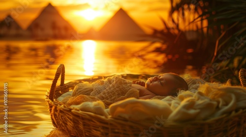 child in a basket in the Nile river with the pyramids in the background photo