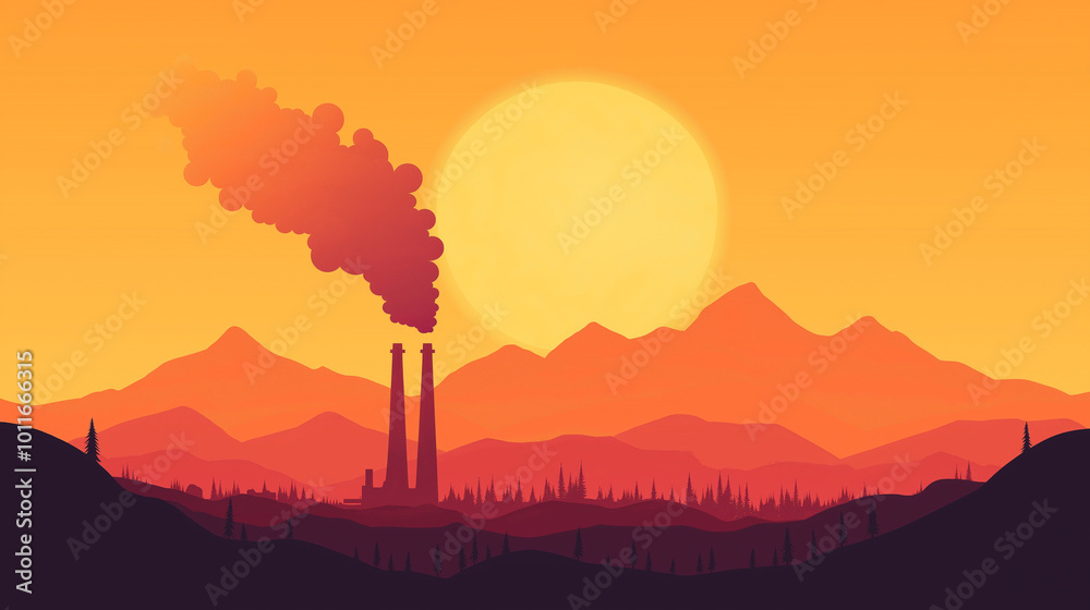 Fototapeta premium Silhouette of a nuclear power plant combined with a barren wasteland and toxic fumes, symbolizing the long-term impact of radiation