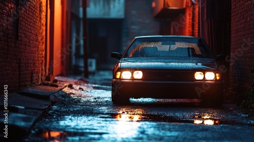 A vintage car parked in a rainy, dimly lit alleyway reflecting city lights.