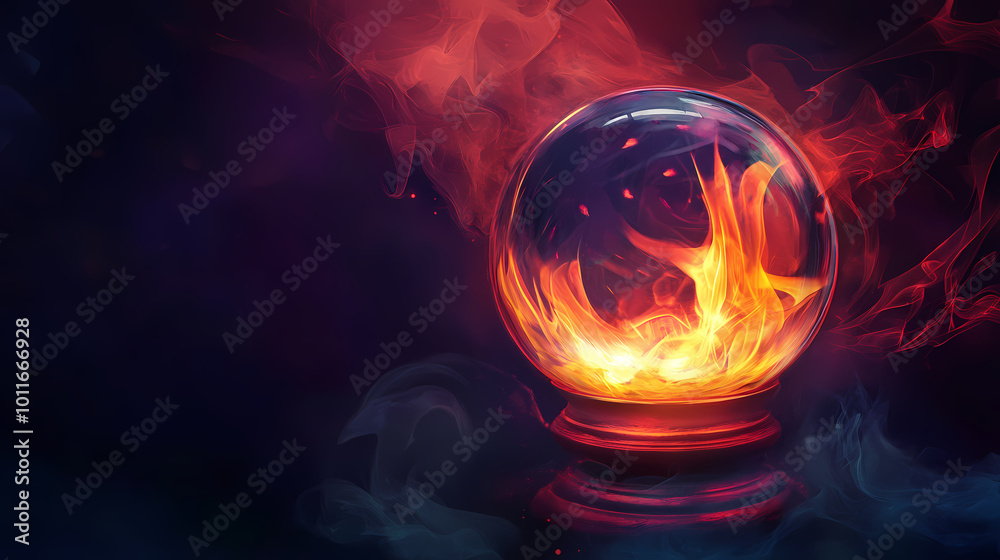 Magic crystal ball for fortune telling with flame and smoke on a dark background. Crystal Ball Vision. Illustration Magic crystal ball for fortune telling with flame and smoke on a dark background. Crystal Ball Vision. Illustration