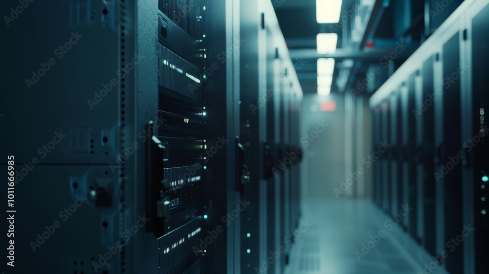 Rows of server racks in a dimly lit data center, with LEDs glimmering, capturing the essence of modern technology and digital infrastructure. Rows of server racks in a dimly lit data center, with LEDs glimmering, capturing the essence of modern technology and digital infrastructure.