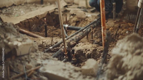 Exposed pipes and wires in a muddy construction site portray the raw, unrefined aspects of infrastructure work. photo