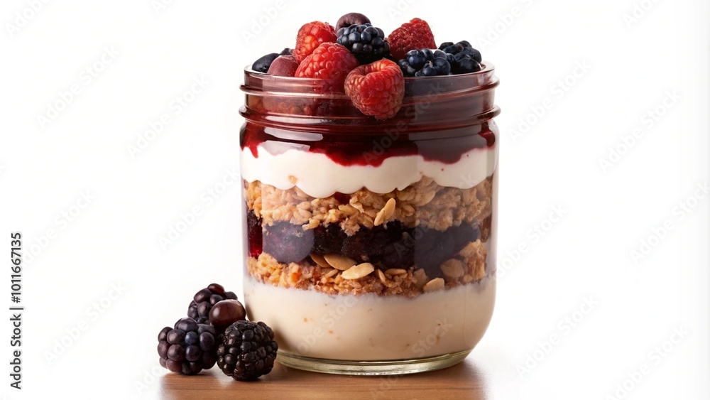 A mason jar filled with layers of yogurt, granola, berries and a berry sauce. A mason jar filled with layers of yogurt, granola, berries and a berry sauce.