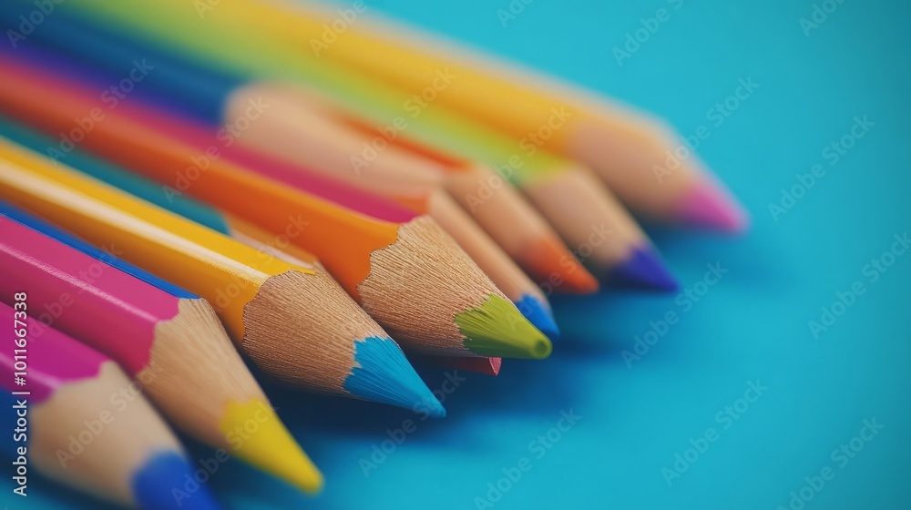 A row of colorful pencils are lined up on a blue background