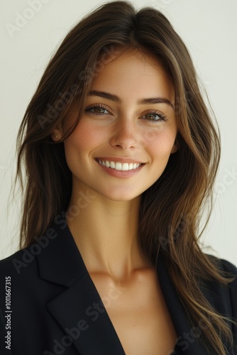 Cute commercial business woman model brunette smiling on white background, Generative AI