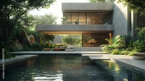 Wallpaper Mural Modern Concrete House with Pool and Lush Greenery - 3D Illustration Torontodigital.ca