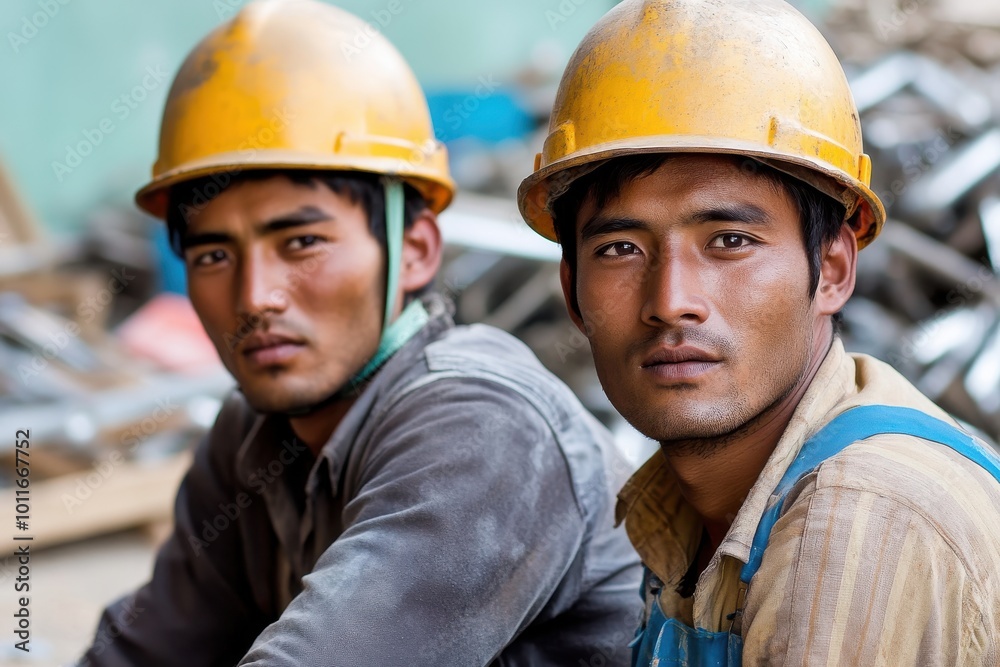 Steel plant workers in uniforms with serious expressions, industrial photography portrait Steel plant workers in uniforms with serious expressions, industrial photography portrait