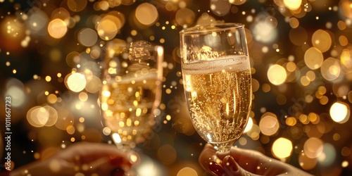 Two people are toasting with champagne glasses filled with sparkling wine, with a bokeh background of golden lights, creating a celebratory and festive atmosphere