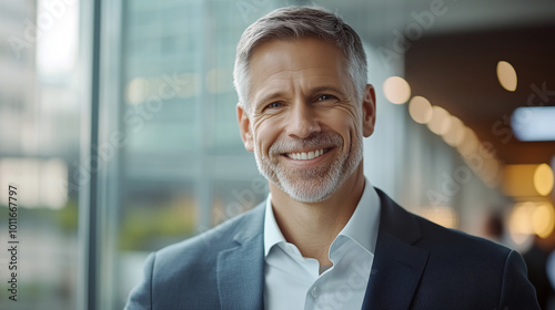 A smiling white man in a modern office. A man with a slight beard smiles confidently while standing in a well-lit, contemporary office environment during daylight hours.