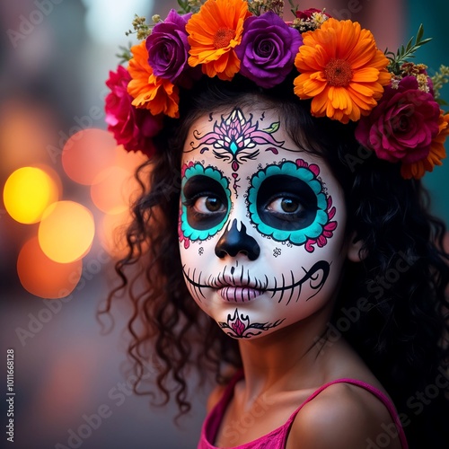 Lively Day of the Dead Día de los Muertos Young Mexican Girl in Joyful Remembrance