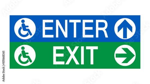 Enter and exit sign for disabled persons. Horizontal strips with symbol, directional arrows and text. Blue and green colors.