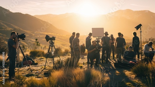 A film crew capturing a scene in the golden hour, set against a backdrop of majestic mountains, creating a picturesque cinematic moment. photo