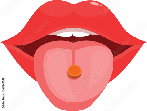 Open mouth with tongue sticking out, licking a round orange pill