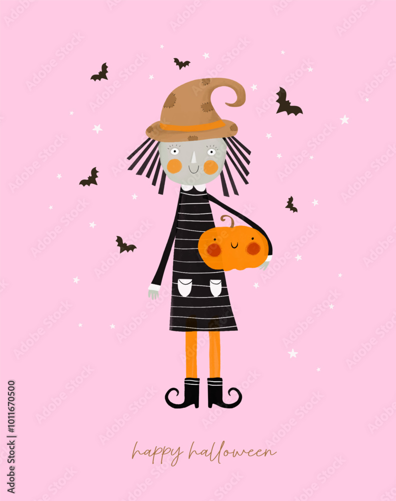 Little Witch Holding Happy Pumpkin. Girl in a Witch Costume. Halloween Card. Cute Hand Drawn Witch, Pumpkin, Stars and Flying Bats on a Light Pink Background. Funny Halloween Vector Illustration. Little Witch Holding Happy Pumpkin. Girl in a Witch Costume. Halloween Card. Cute Hand Drawn Witch, Pumpkin, Stars and Flying Bats on a Light Pink Background. Funny Halloween Vector Illustration.