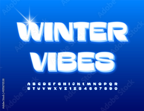 Vector snow emblem Winter Vibes. Stylish White Font. Trendy Alphabet Letters and Numbers set. 