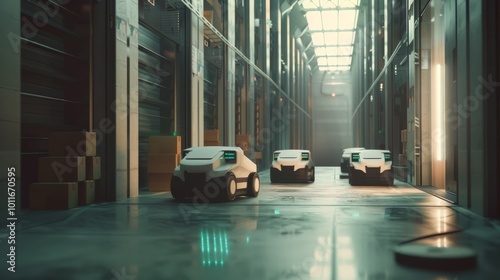 Three autonomous robots move in unison down the aisle of a high-tech warehouse, efficiently managing and navigating the logistics of a modern distribution center. photo