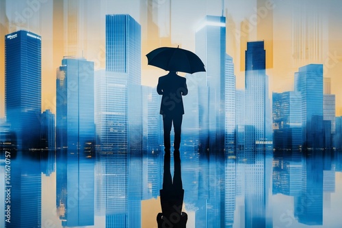 A silhouetted individual stands with an umbrella, envisioning a modern cityscape reflecting on water, symbolizing protection, resilience, and contemplation of the future.