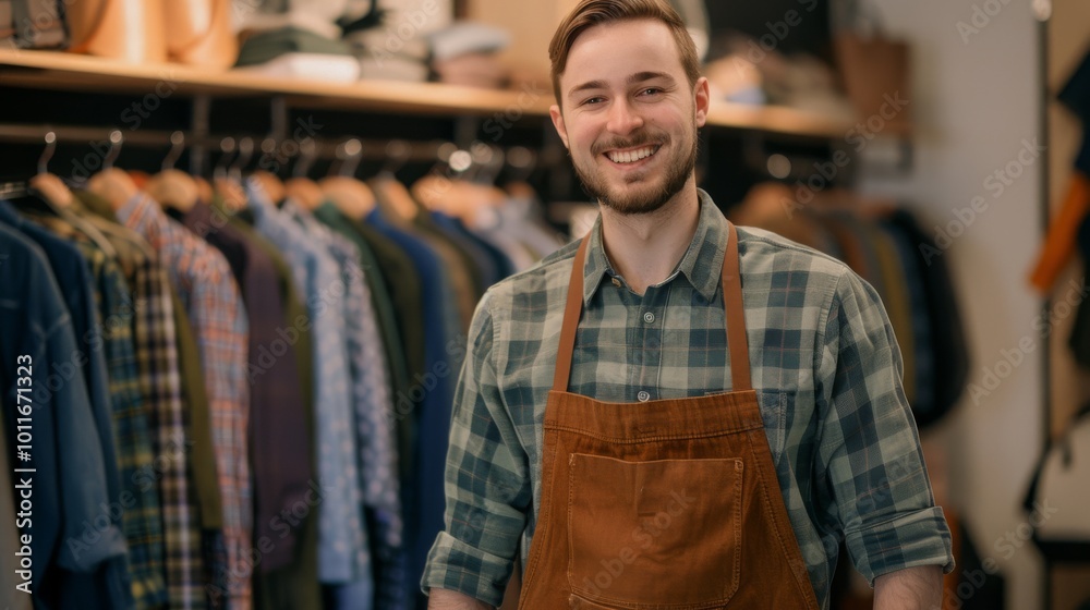 An upbeat store clerk sporting an apron stands in front of an array of colorful clothing, exemplifying excellent customer service with a radiant smile. An upbeat store clerk sporting an apron stands in front of an array of colorful clothing, exemplifying excellent customer service with a radiant smile.
