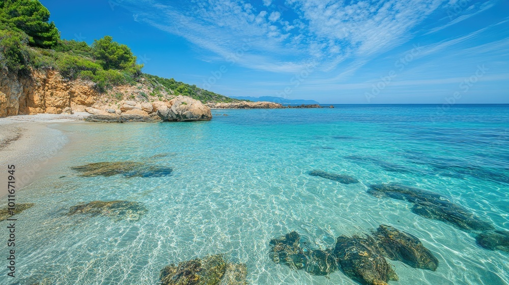 Fototapeta premium Beautiful European sea waters, calm and inviting, no fish in sight, with copy space included.