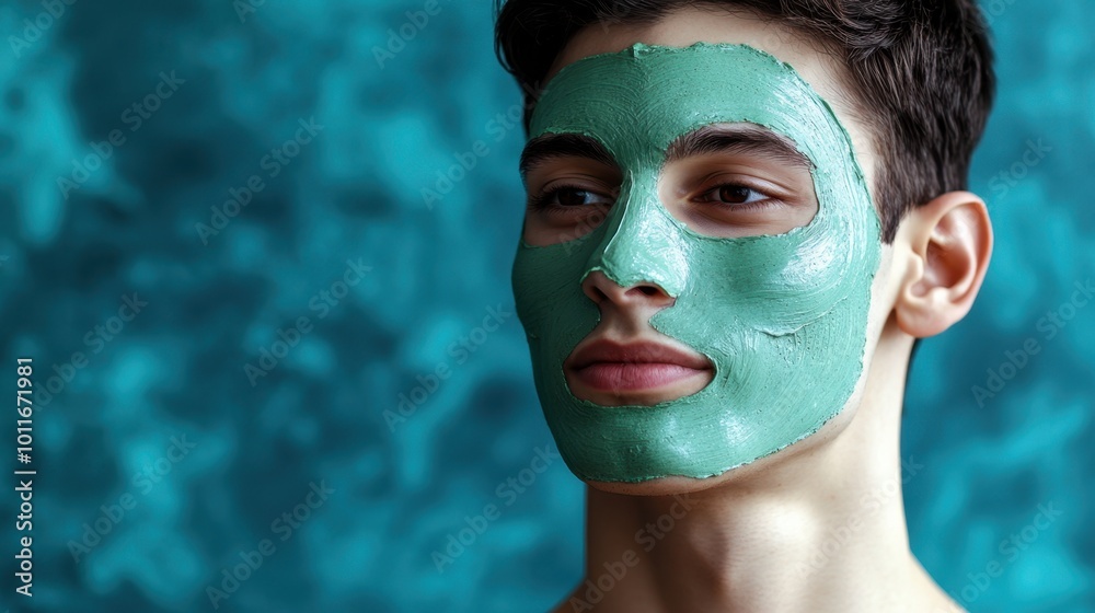 Young Man Enjoying Refreshing Facial Clay Mask Treatment Young Man Enjoying Refreshing Facial Clay Mask Treatment