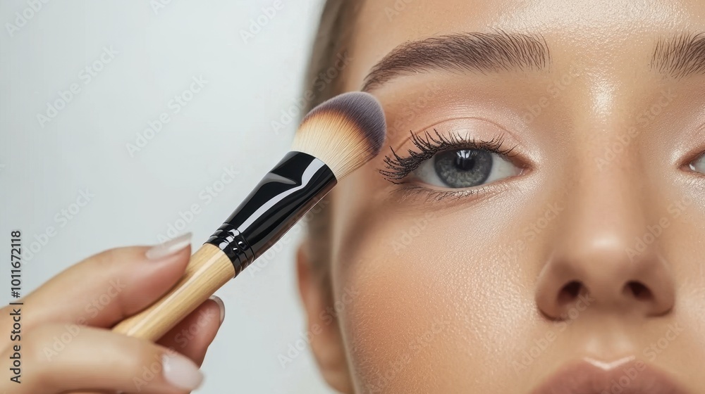 Flawless Makeup Application: Woman Using Cosmetic Brush on Face Flawless Makeup Application: Woman Using Cosmetic Brush on Face