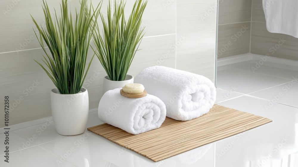 Neat Bathroom Setup with Towels and Green Plants Neat Bathroom Setup with Towels and Green Plants