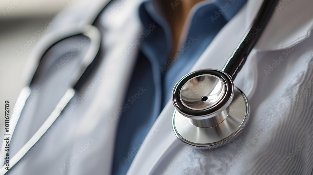 A doctor on his rounds holds a stethoscope on his chest. The ...