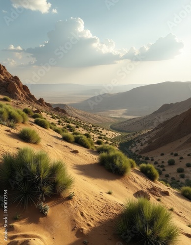 Aerial view ofAerial view of desert and green bushes, arid landscape. aerial view. Ultra realistic. Photorealistic photo