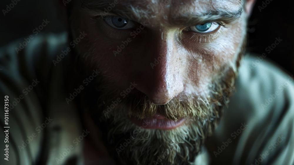 Close-up portrait of a bearded man with intense blue eyes, conveying a rugged and mysterious aura. Close-up portrait of a bearded man with intense blue eyes, conveying a rugged and mysterious aura.