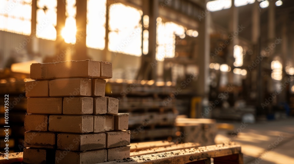 Stacks of bricks in a sun-flooded factory, casting long shadows, convey a sense of industry, craftsmanship, and the warmth of a busy workday. Stacks of bricks in a sun-flooded factory, casting long shadows, convey a sense of industry, craftsmanship, and the warmth of a busy workday.